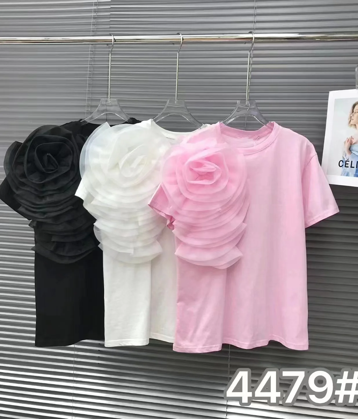 3D Flowers Stitch Short Sleeve Cotton Tshirt Three-Dimensional Big Flower Loose Casual T-shirt for Women Tops Tees White Pink