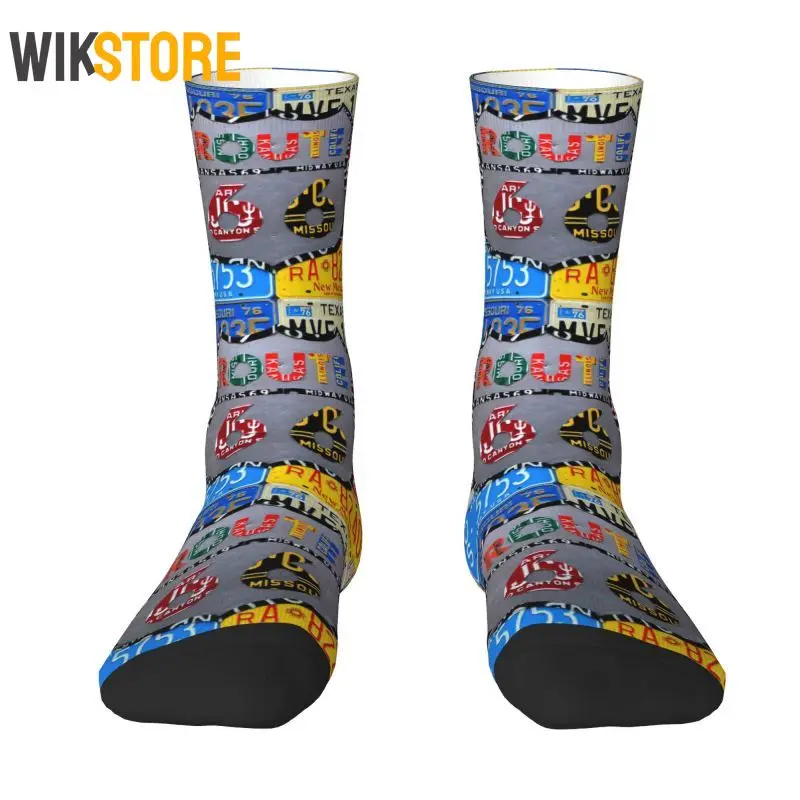 

Cute Printed Route 66 License Plate Art Socks for Women Men Stretchy Summer Autumn Winter American Road Breathable Crew Sock