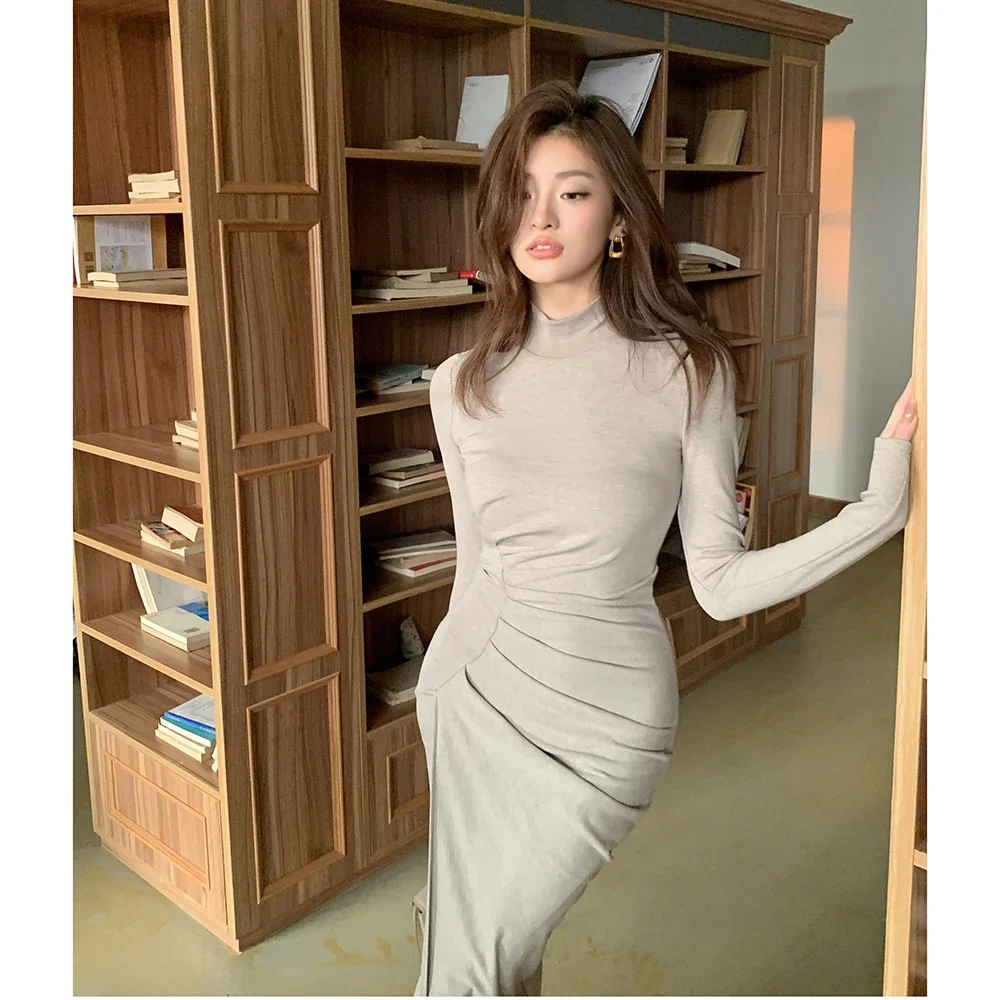 Turtleneck Thigh High Split Sexy Maxi Dress for Women Fashion Long Sleeve Ruched Bodycon Club Long Dress