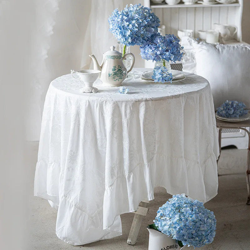 Blue and White Porcelain All Cotton Embroidered Tablecloth Waterproof and Oil Resistant Lotus Leaf Edge Tea Table Tablecloth