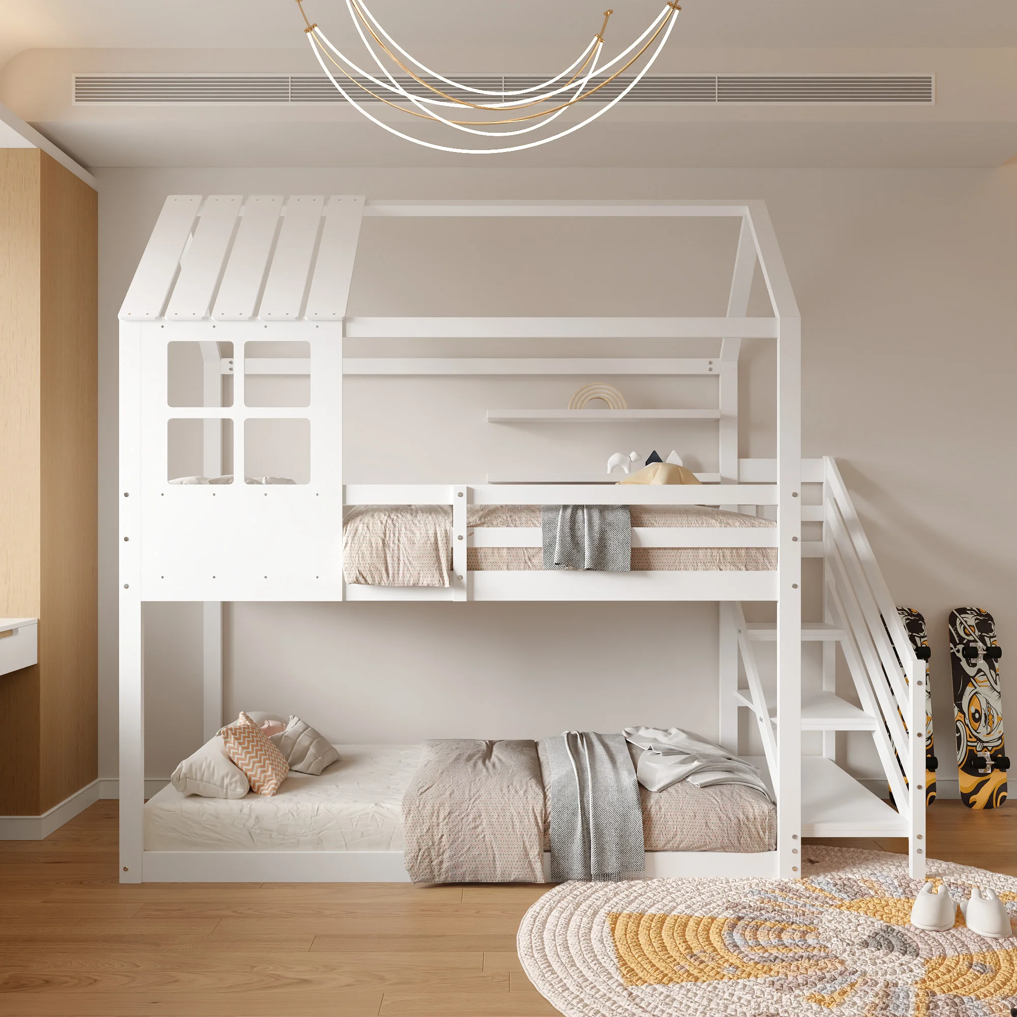 200x90cm Doppelbett, Bett mit Ecktreppe, Hausbett, Kinderbett mit Fallschutz und Gitter, mit Fenster, Gestell aus Kiefernholz