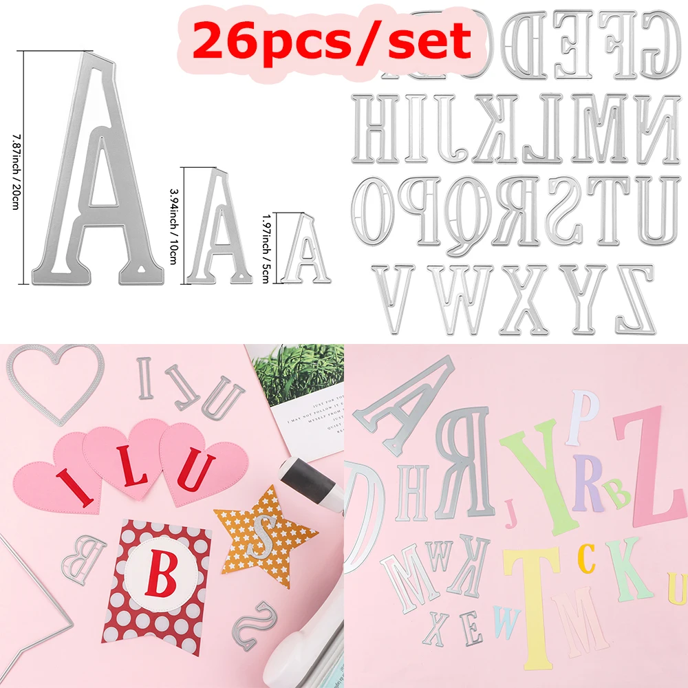 

New 26 Letters Metal Cutting Dies Set A-Z Upper Case Letter 5/10/20cm Cutout for Diy Scrapbooking Birthday Cards Crafting