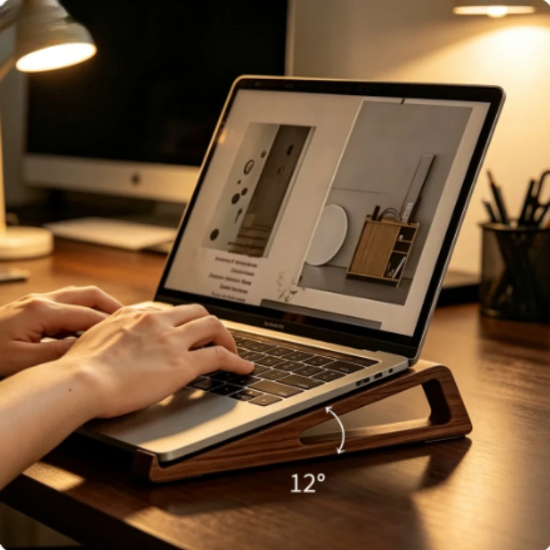 Portable Foldable Wooden Laptop Stand Ergonomic 12° Adjustable Angle Cooling Vent Triangular Office Holder