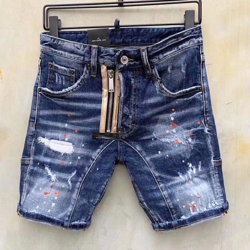 Marca de luxo masculina calça jeans rasgada skinny azul, calça elástica, shorts jeans, roupas masculinas, moda de rua, nova, alta qualidade