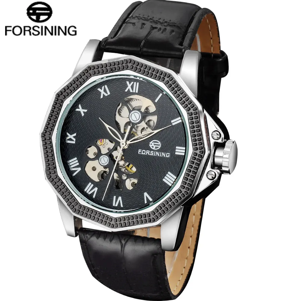 FORSINING Men Creative Mechanical Watch Mens Vintage Skeleton Automatic Watches Leather Strap Casual Wristwatches