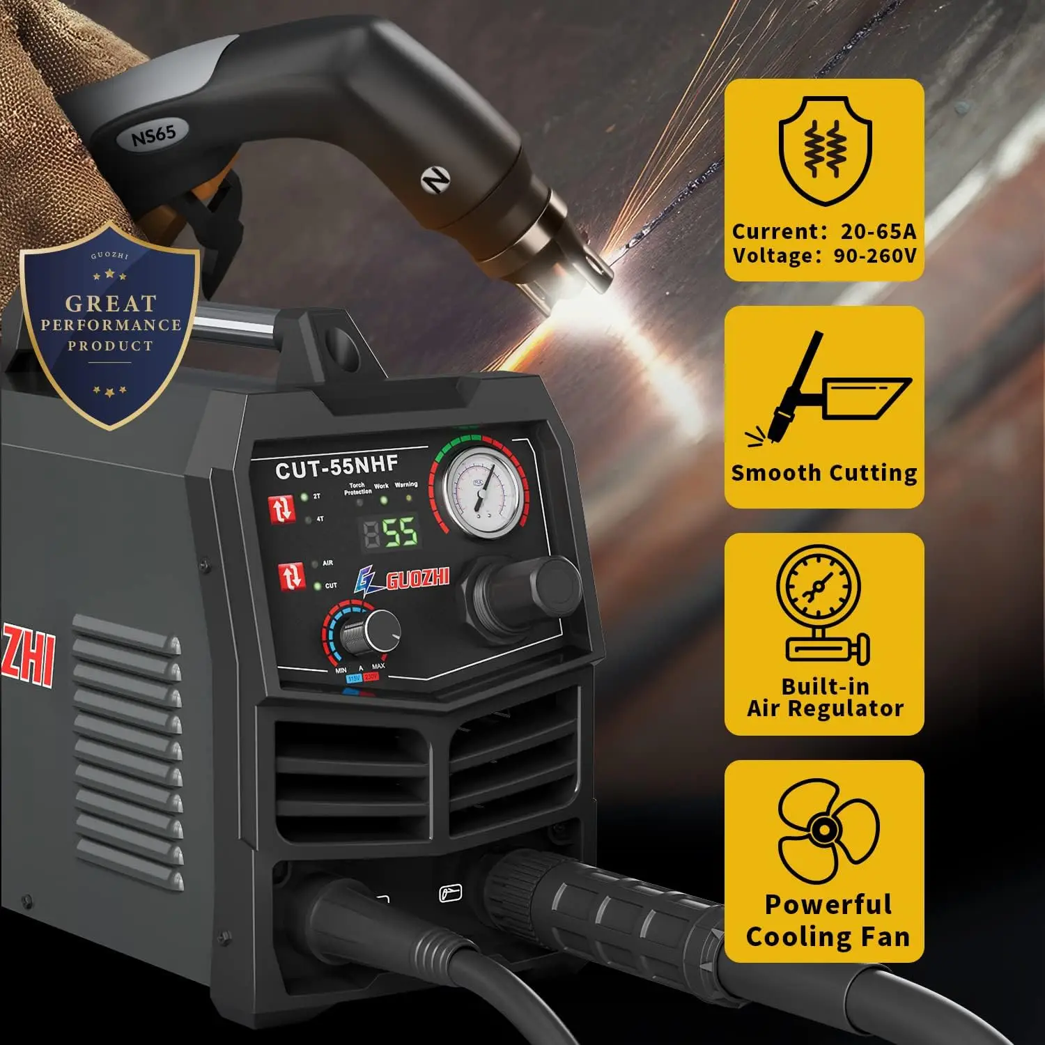 55 Amp Non-HF Non-Touch Pilot Arc, THC Torch Height Control Enabled, Dual Voltage 110V/220V Digital Plasma Cutter Machine