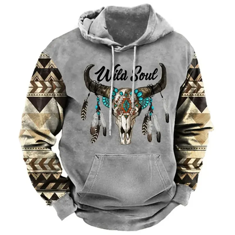 

3D Printed Vintage Demon Wendigo Hooded Sweatshirts For Men Western Cowboy Pattern Pullover Autumn Casual Hoodies Long Sleeves