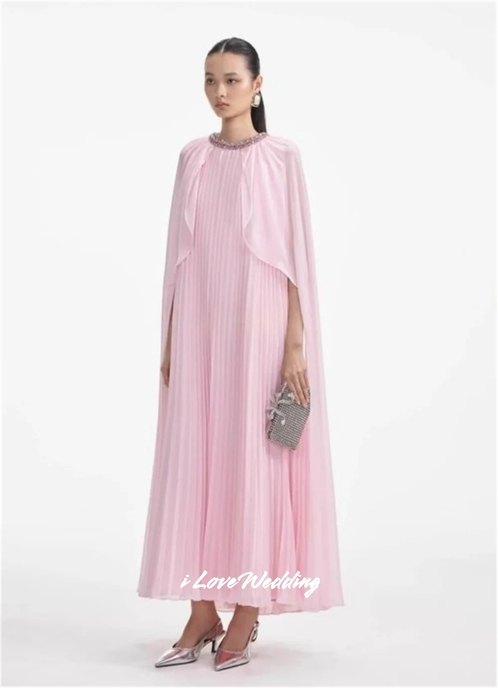 Pink O-Neck Evening Dress Chiffon Rhinestone A-Line Shawl Dubai Saudi Arabia Wedding Party Dress Ankle-Length Pleated Customized