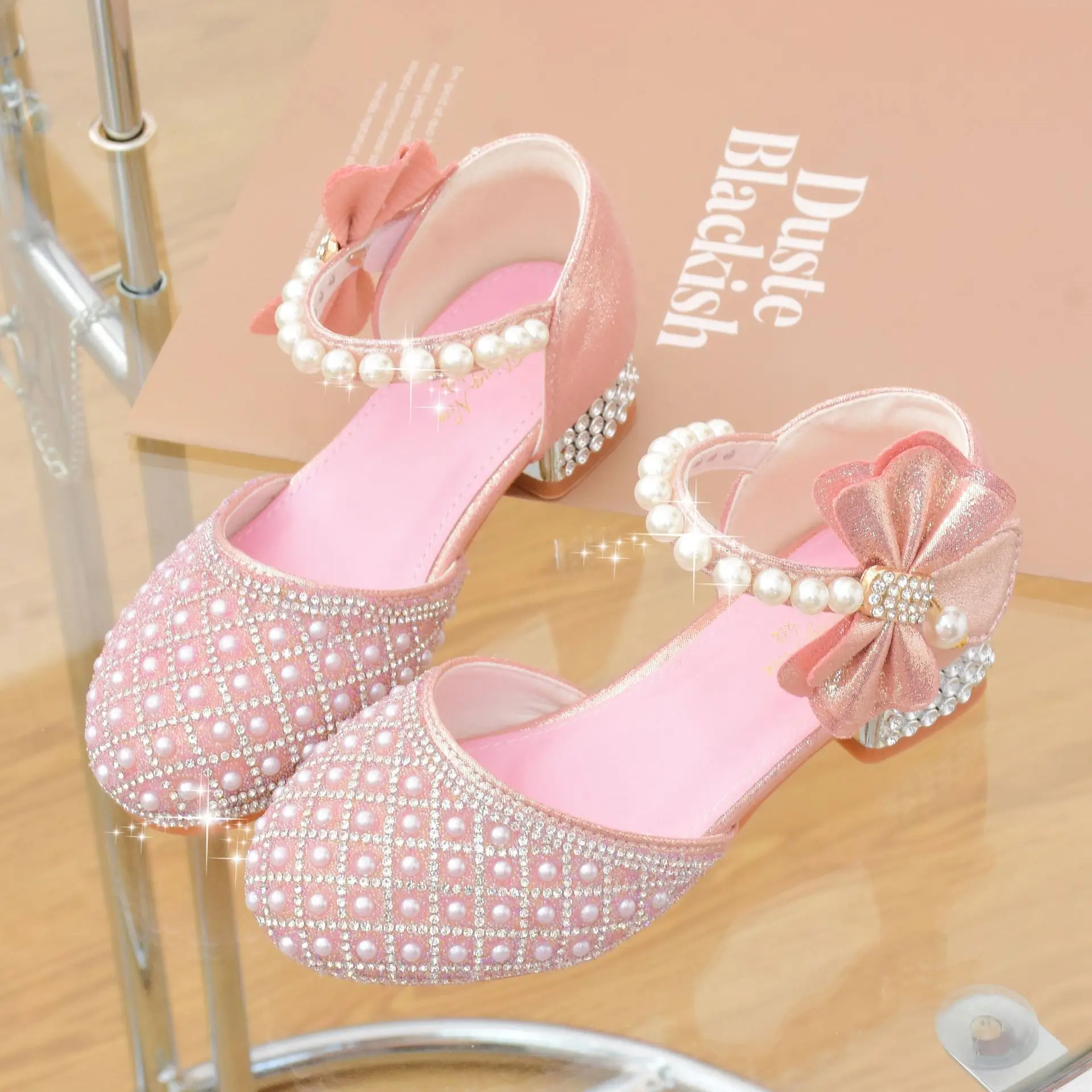 Rhinestones Princess Party Shoes Shiny Crystal Bow White Children High Heels Girls Sandals Summer Kids Student Performance Shoes