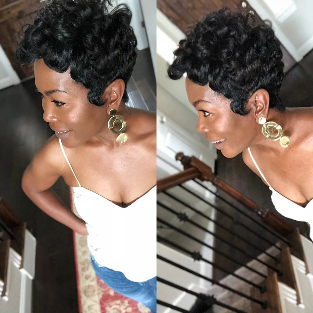 

Короткие человеческие волосы Парик с стрижкой пикси для чернокожих женщин Натуральный черный многослойный короткий вьющийся парик машинного производства для ежедневного использования