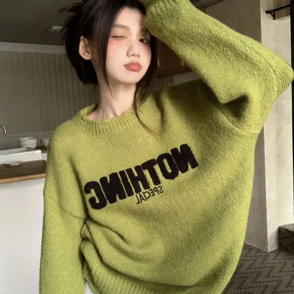 Korean Style Loose Personalized Design Letter Knitted Sweater Women Autumn Winter Y2K New Round Neck Lazy Style Long-sleeved Top