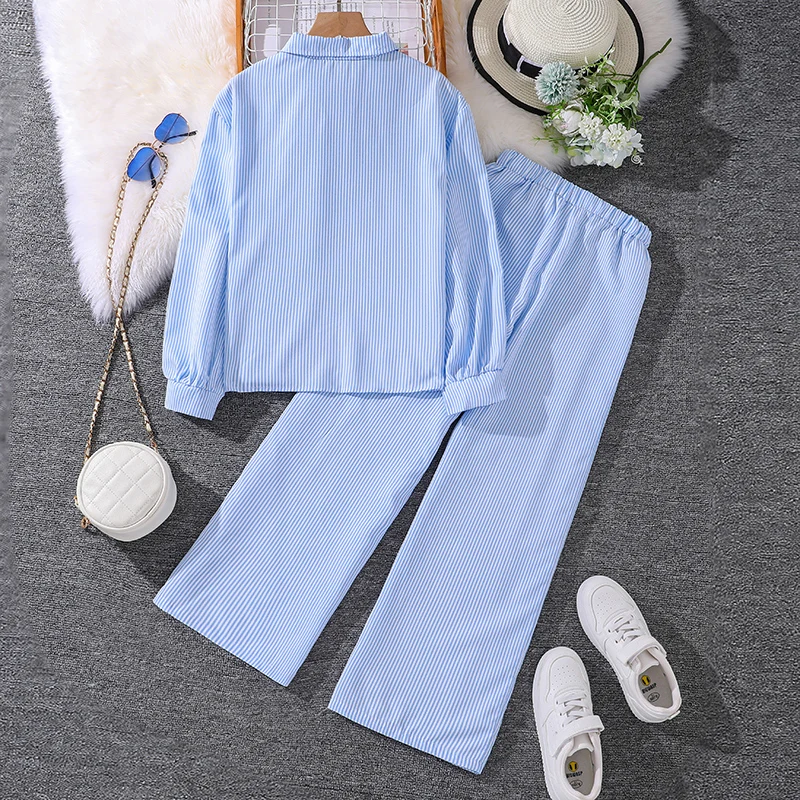 New Spring Autumn Children\'s Clothing Sets 2Pcs Girls Blue Striped Long Sleeve Chemise + Casual Loose Straight Leg Pants 8-12Y