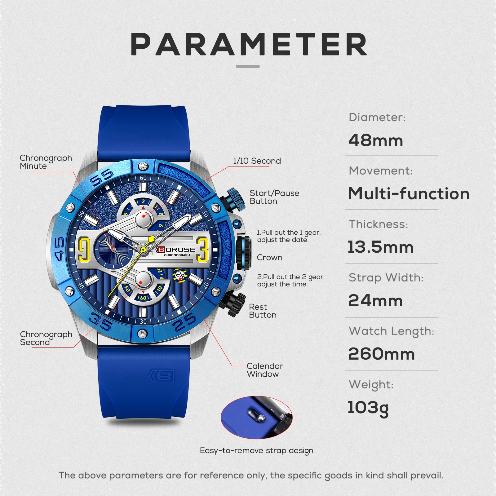 BORUSE Business Quartz Blue Watch for Men Luxury Wristwatches Chronograph Waterproof Casual Clock Montre Homme