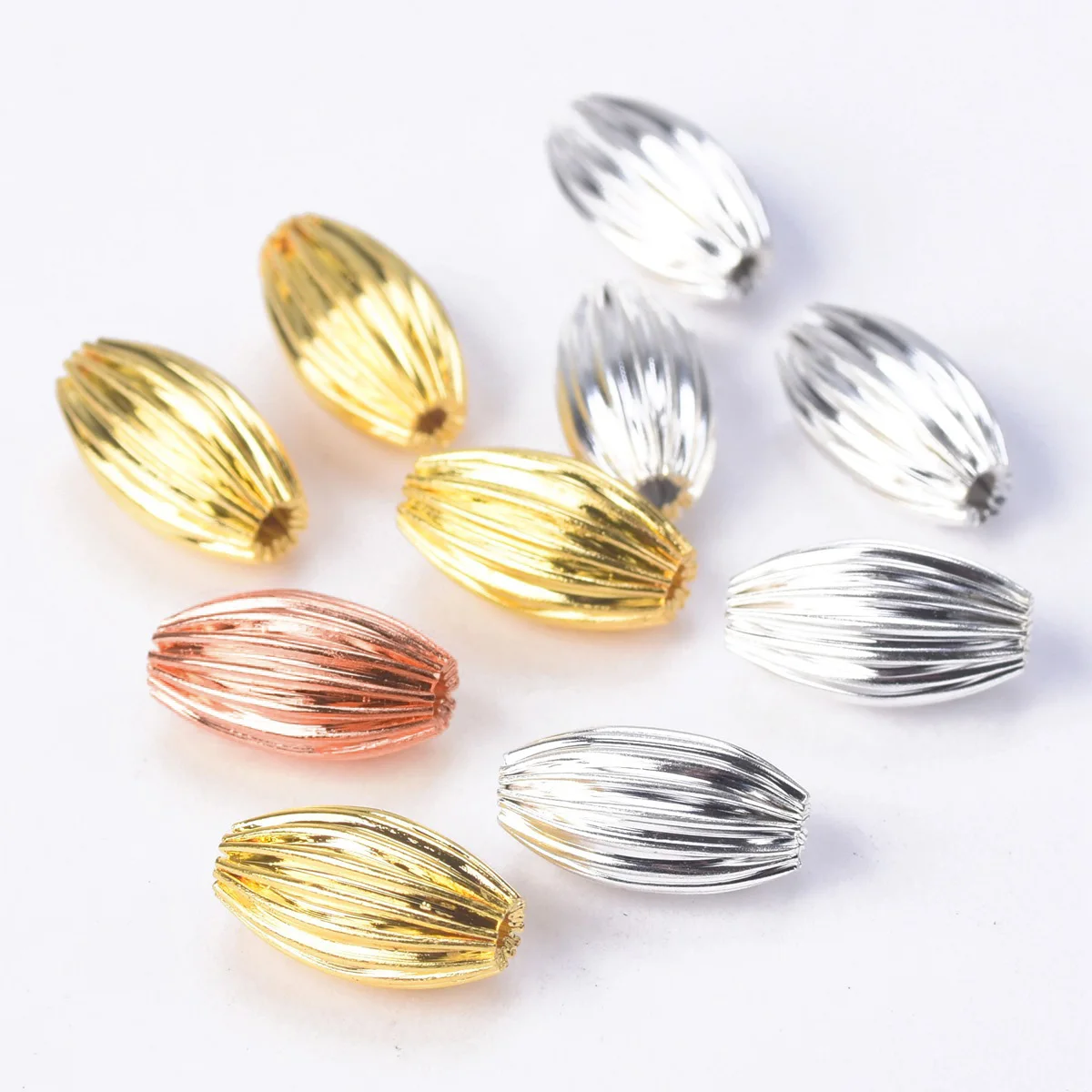 50pcs Plated Gold Color Silver Color Oval 5x8mm 6x10mm 7x12mm Hollow Plicated Metal Brass Loose Beads For Jewelry Making DIY