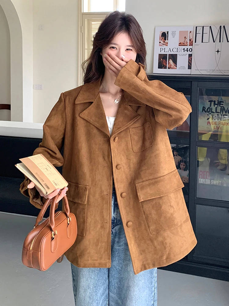 

Women Clothes American Retro Lady Casual Imitation Leather Single Breasted Loose Coat Long Jacket Mujer Outwear Blazer Fashion