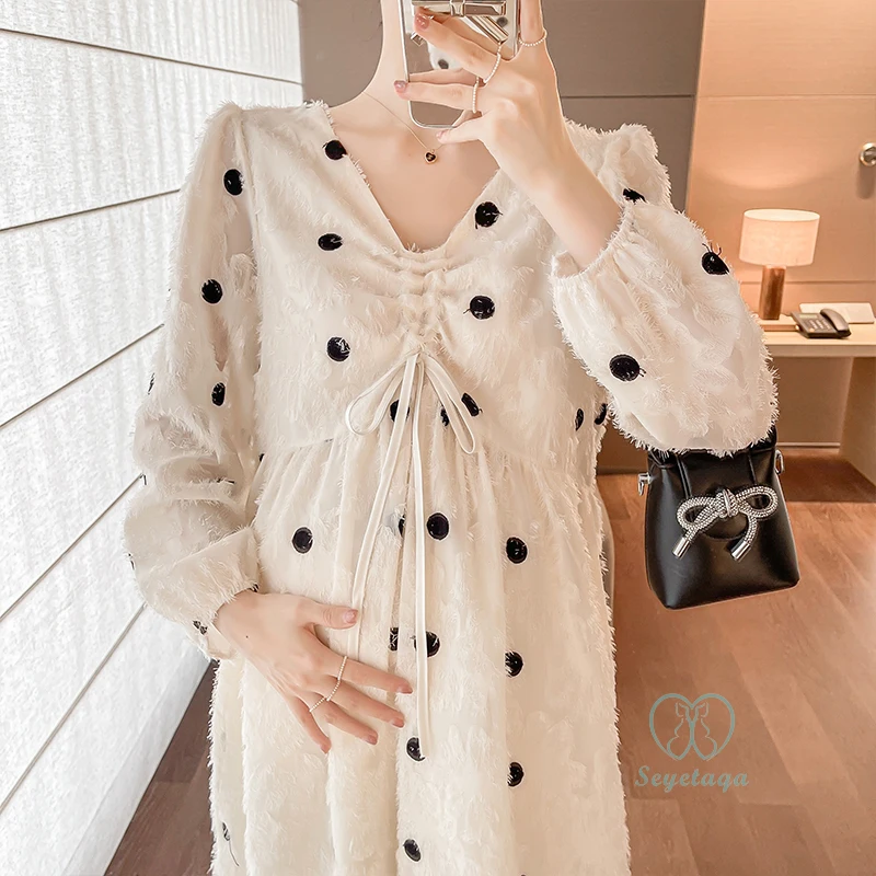 

Polka Dot Chiffon Maternity Dress 2024 Spring Fashion V Neck A Line Clothes for Pregnant Women Loose Long Sleeve Pregnancy