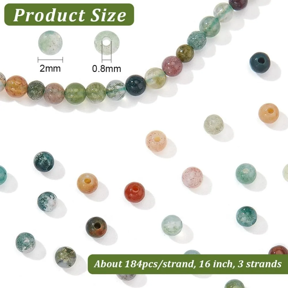 About 552 Pcs Indian Agate Beads, 2mm Multicolor Natural Agate Beads Round Rhodonite Gemstone Beads Spacer Loose Stone Beads