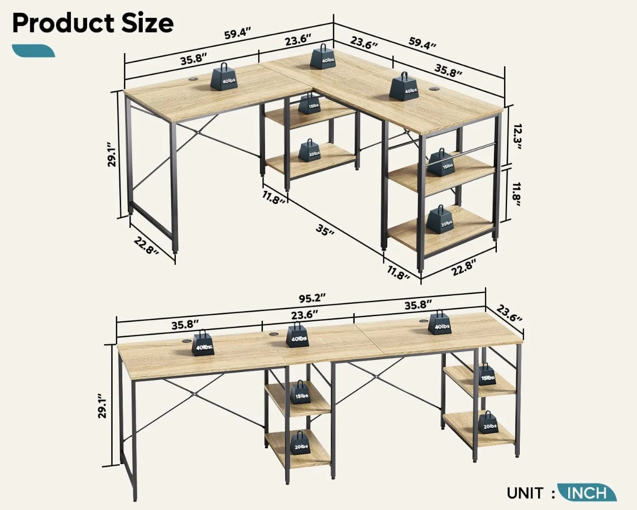 Bestier 95.2” L Shaped Desk, Reversible Corner Computer Desk or 2 Person Long Table with Adjustable Shelves