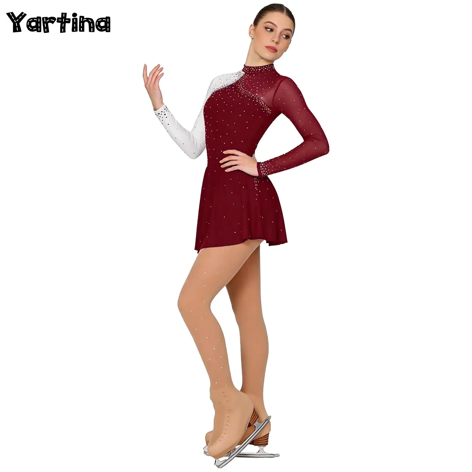 

Женский гимнастический костюм для фигурного катания со стразами, балетное платье для лирического танца и колготки с пряжками внизу