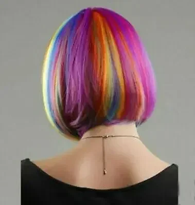 Perruque Courte et Droite Colorée pour Femme, Cosplay Arc-en-ciel à la Mode, ixd'Halloween
