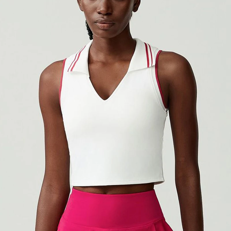 Women Fitness Yoga Top Sleeveless Slim Fit Lapel Running Crop Top Breathable Quick Dry Gym Vest With Chest Pads Female T-Shirt image 5