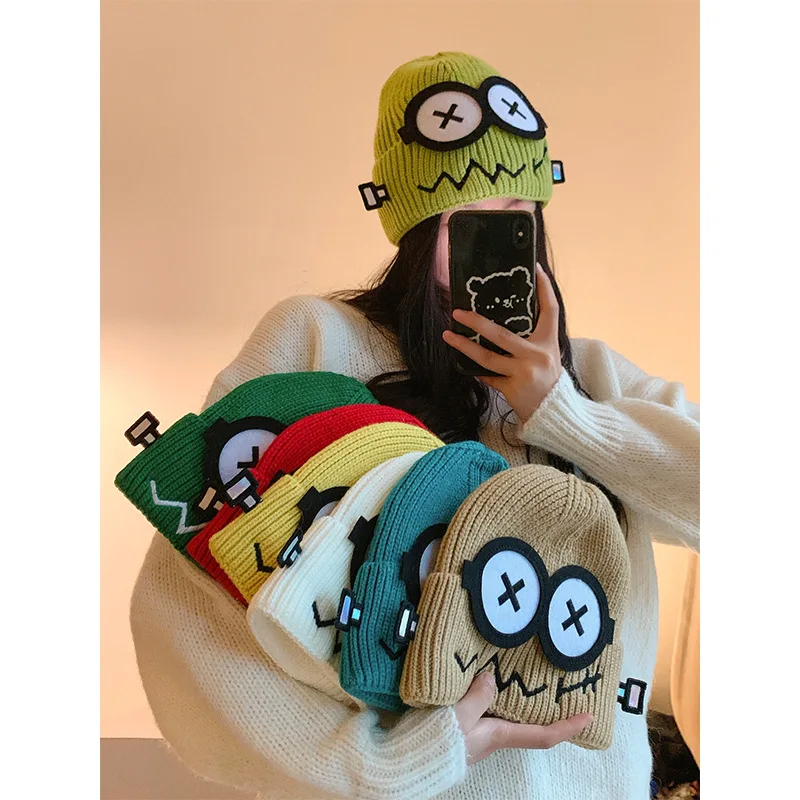 Kpop Cute Cartoon Cuff Beanie Cap Women\'s Candy Color Big Eyes Smile Skullies Hat Fashion Streetwear Student Warm Winter Knitted