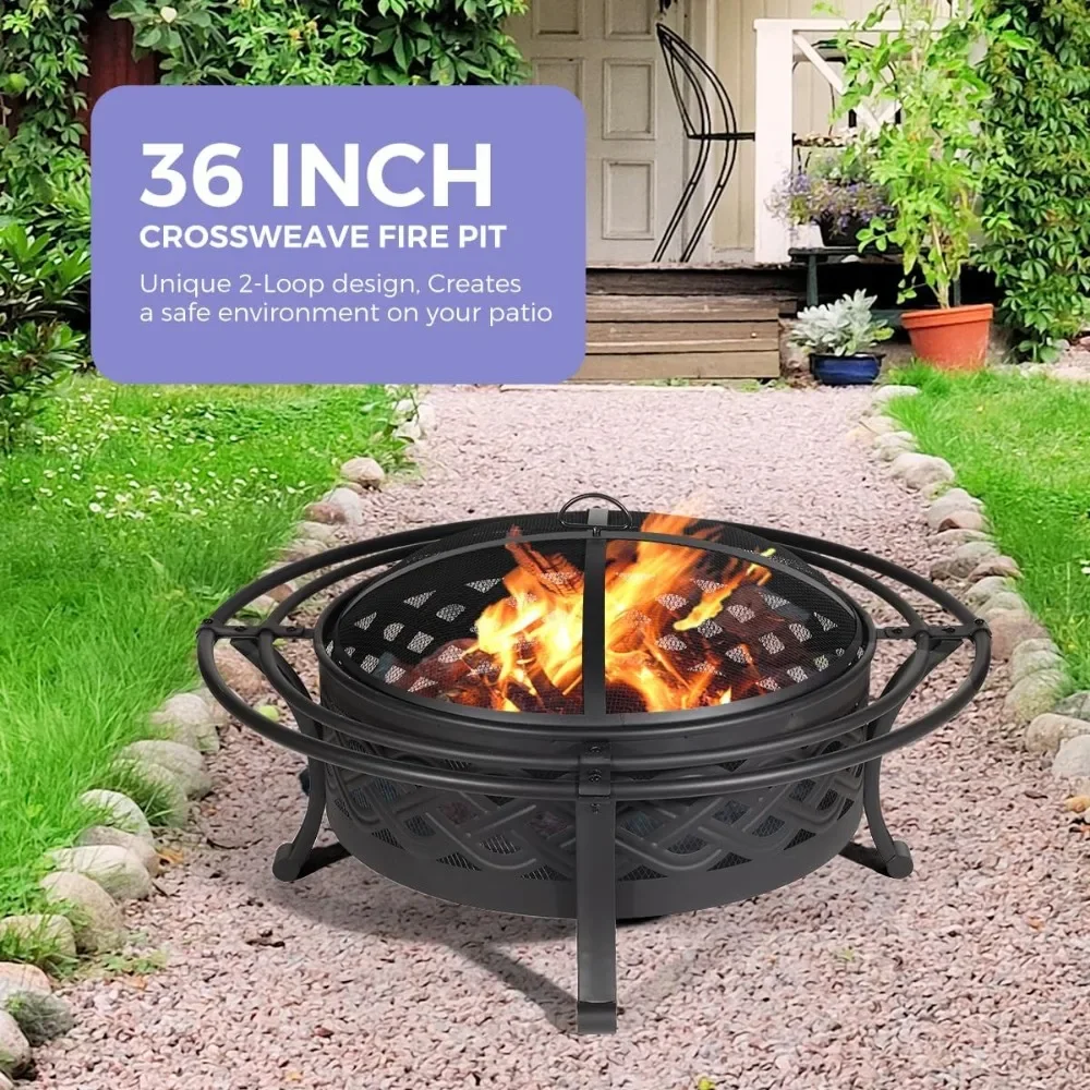 Fire Pit with 2 Loops,Crossweave Wood Burning Fire Pits for Outside,with Spark Screen,Fire Poker,Round Outdoor Fire Pit