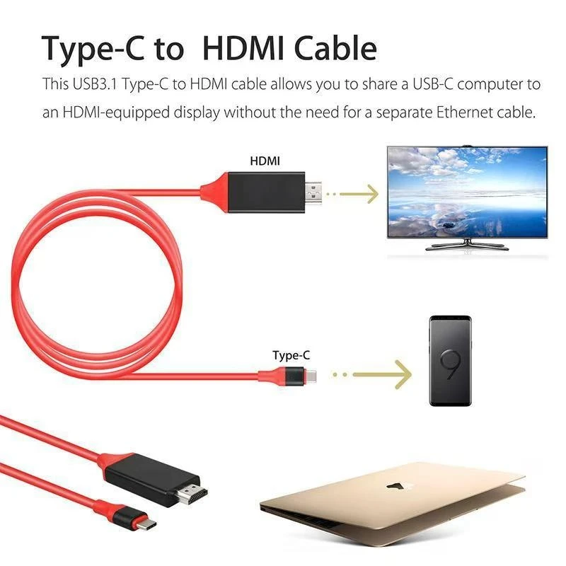 

2M Laptop Phone USB Type-c to HDMI TV HDTV 4K@30Hz 1080P Projection Same Screen Cable HD Conversion PC Computer USB Power Cable
