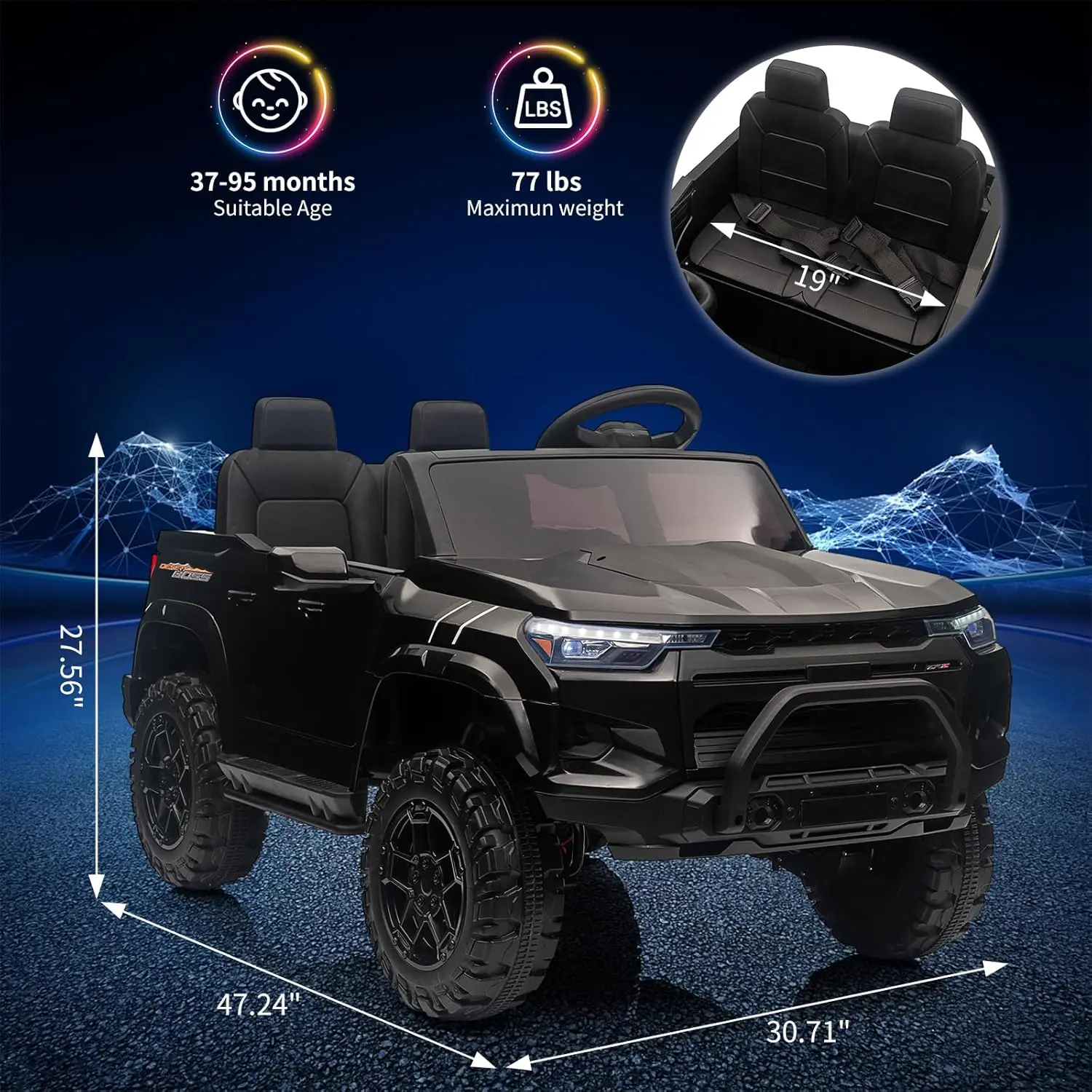 Passeio em carro para crianças, 24V Ride On Truck Car Vehicles elétricos com controle remoto, passeio de brinquedo ATV alimentado por bateria, com música