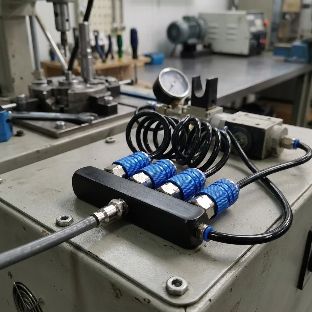 Machined Aluminum 4 Port Air Manifold for Reliable Air Flow Distribution 1/4in NPT Inlet and Outlet Configuration