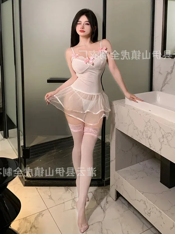 انظر من خلال فستان الدانتيل الأبيض المرأة مثير الملابس الداخلية المثيرة موحدة تأثيري ملابس الوردي القوس الحلو مريحة حمالة لطيف 5SF6 #4