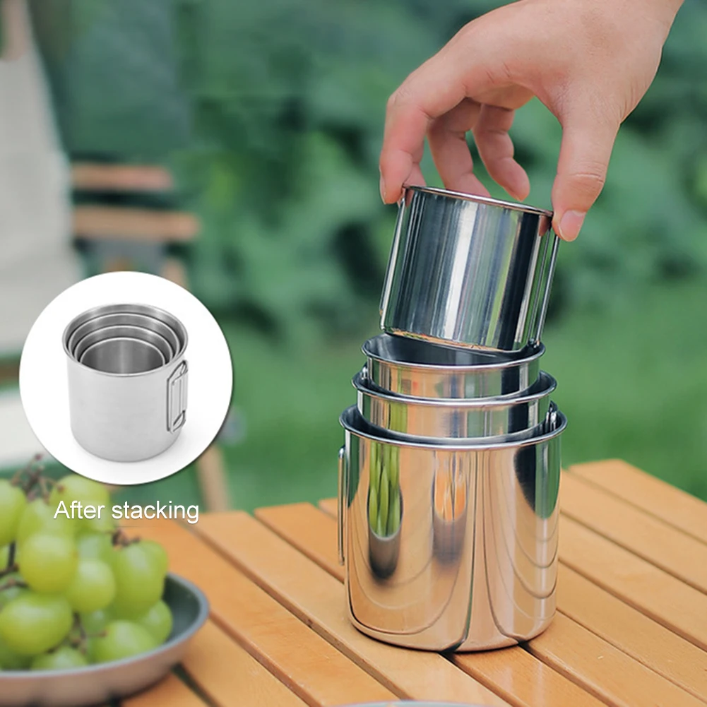 Outdoor Folding Camping Cup with Handle, Stainless Steel, Beer, Whiskey, Coffee, Tea, Milk Mugs, Water Cups, Home Backpack Hiki