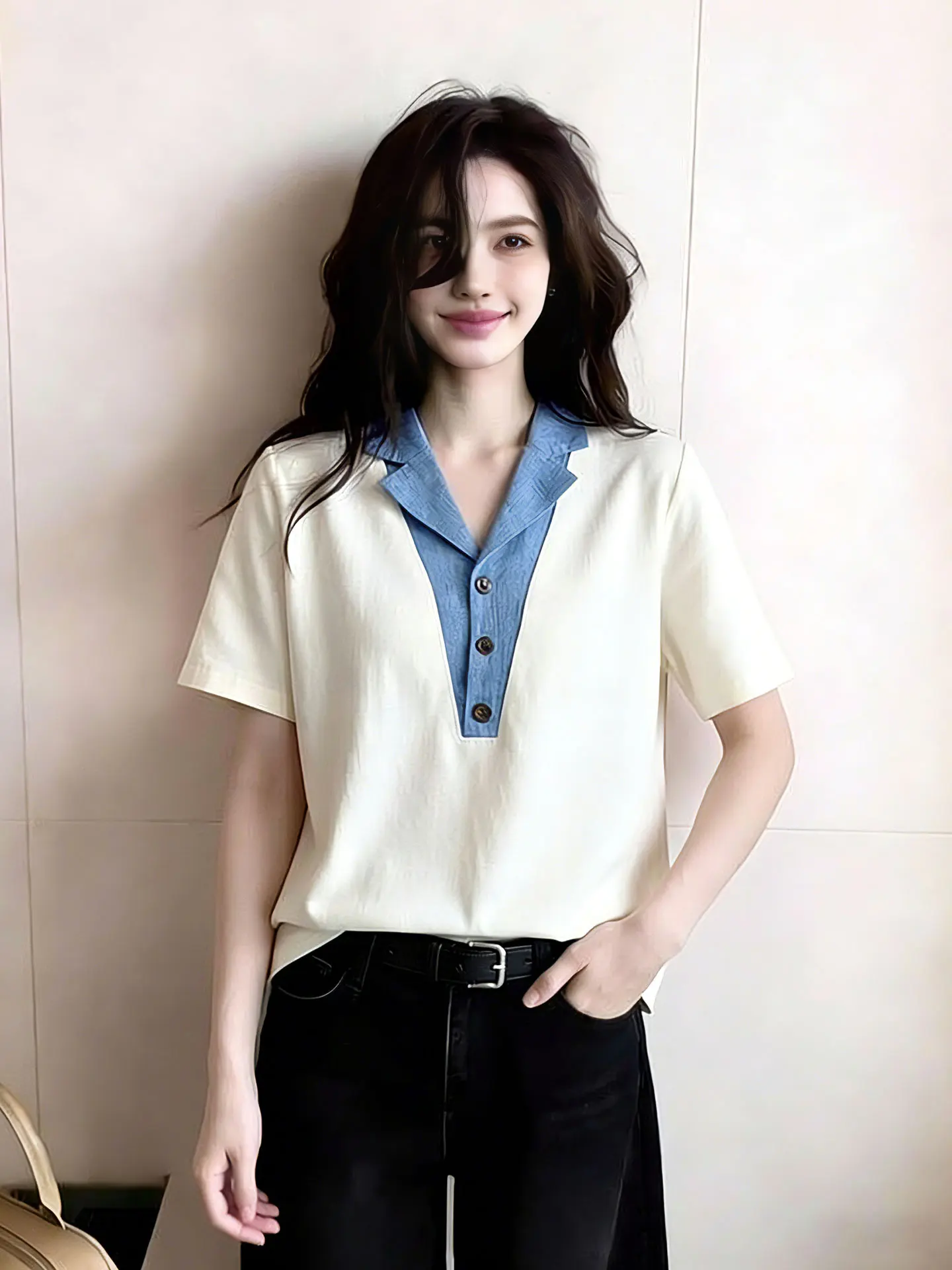 

Casual ort Sve T-irt Women's Patchwork Color Blo Spring Summer Faion Korean Sle Leisure Lazy Sle Top irt