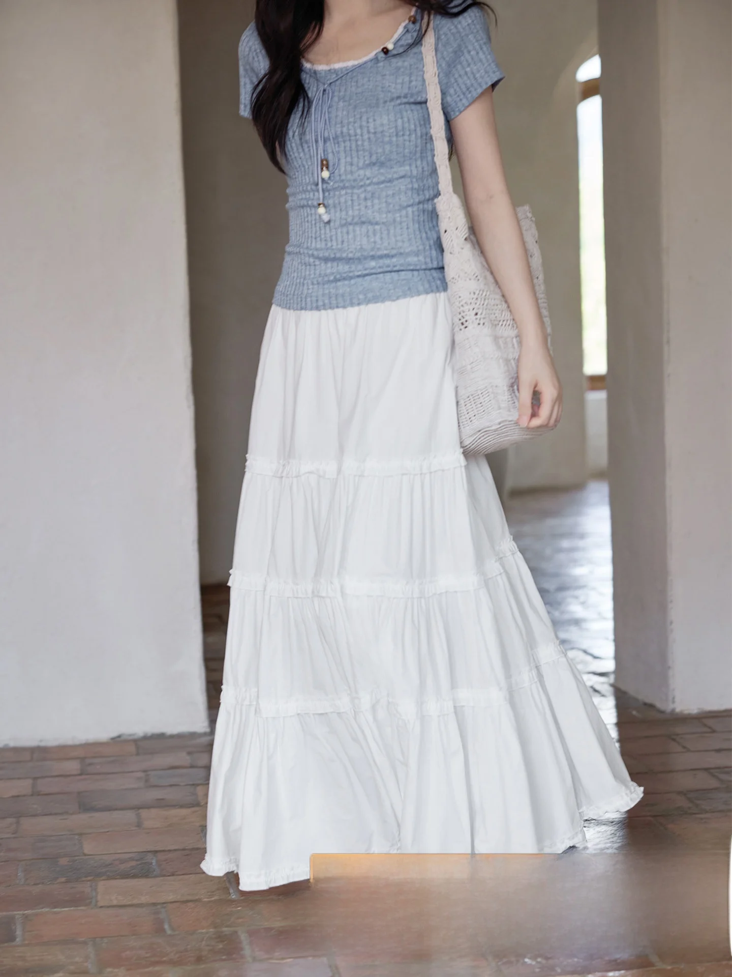 

Элегантная белая юбка-трапеция в корейском стиле, прямая, средней длины, с завышенной талией, простая, для повседневной носки, 100% хлопок