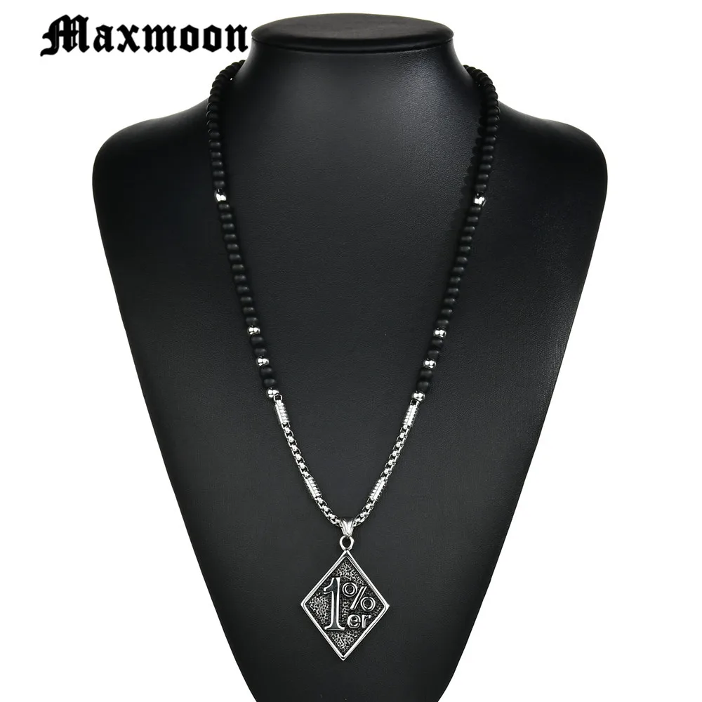 Maxmoon Silver Color 316L Stainless Steel Outlaw One Percent 1% ER Necklace With Beads Chain Motorcycle Biker Men\'s  Necklace