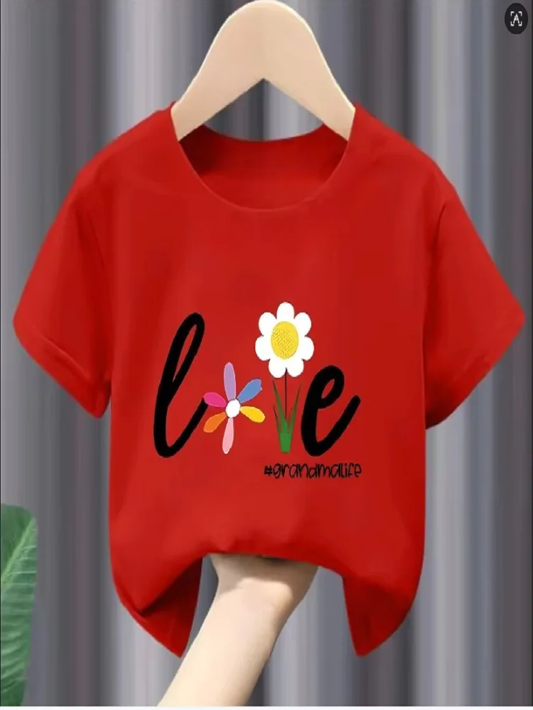Top Floral de Verano 2026 para Niñas, Cuello Redondo, Manga Corta, Estampado en Inglés, Ropa de Estilo Nuevo para Niños, Tela de Poliéster, Moda Y2K