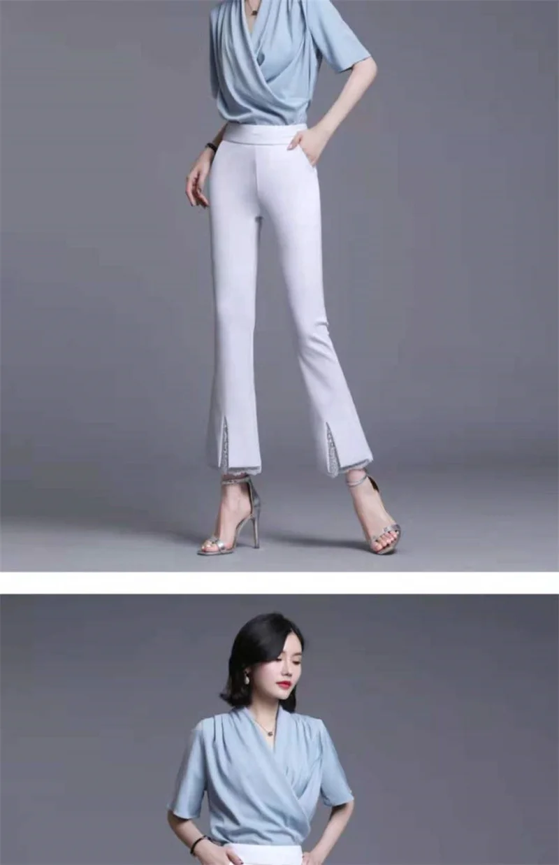 New Office Lady Lace Patchwork White Elastic Waist Casual Pants Summer Solid Women's Versatile Micro Flared Pants Women Clothing