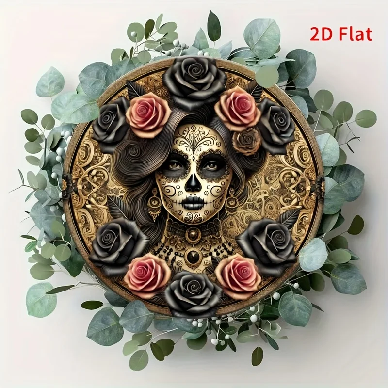 2D Flat, [2D flat]1pcs Mexican Death Skull Day and Day of the Dead art, retro-inspired aluminum circular decorative plaques, vib - Image 5