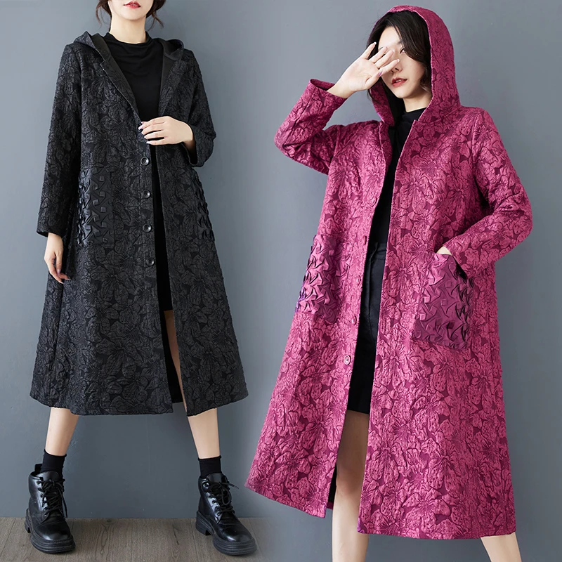 

Autumn Winter Large Size Women's Faionable Versatile Mid-Length Open Cardigan Windbreaker Hooded 3D Embroidery Outerwear