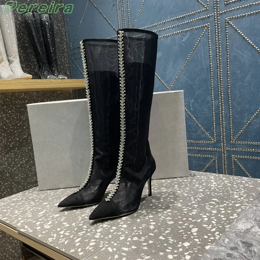 Pereira Solid Black Mesh Sandals Pointed Toe Long Boots Shallow Stiletto Fashion Knee-High High Heels Women Dress Party Shoes