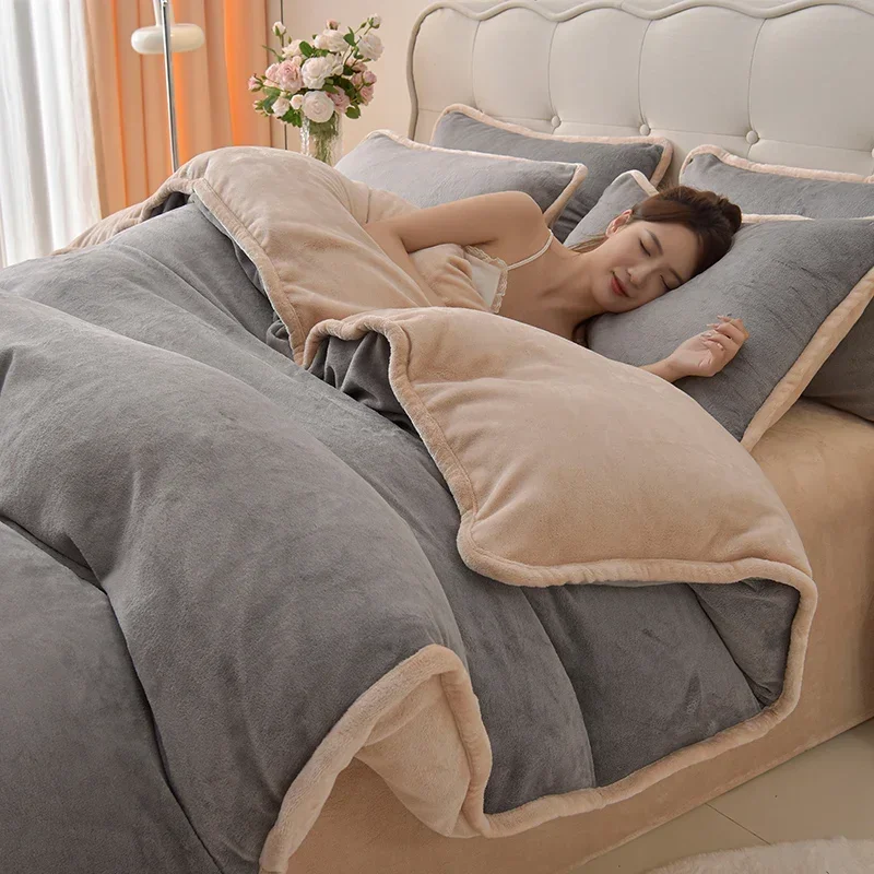 Simple wind milk fleece four-piece set thickened coral fleece solid color bed sheet quilt cover single piece fleece winter - view 6