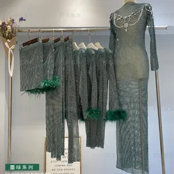 High-quality Luxury Mesh Full Drill Diamond Ostrich Hair Green Long Sleeve Dress Skirt Long Trousers Party Clothes