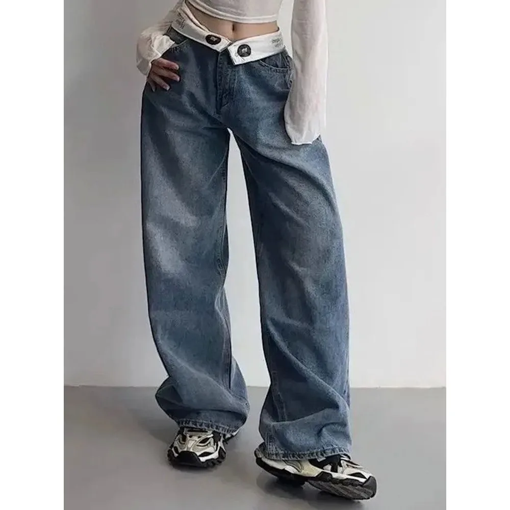 

Women's Y2K Wide Leg Pants American Retro Waist Loose Fit Casual Style Spring Tour Eighteen Shorts Straight Cut Youthful Energy