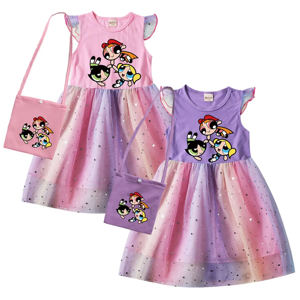 New Summer Kids Clothing P-Powerpuffing Girls Summer Dress Girl Flying Sleeve Dress with Bag Teenage Princess Costume