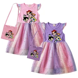 New Summer Kids Clothing P-Powerpuffing Girls Summer Dress Girl Flying Sleeve Dress with Bag Teenage Princess Costume