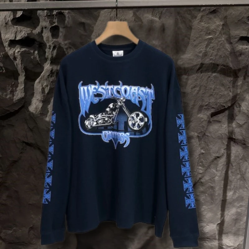 Men Womenstreet Viantge Navy Blue Waffle West Coast Choppers Long Sleeve Tshirt Flame Cross Motorcycle Print Round Neck Pullover