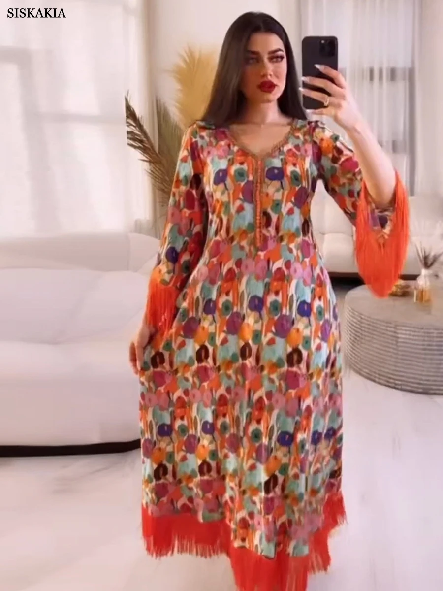 Siskakia Ramadan Abayah For Women Arabic Chic Tassel Diamonds Muslim Clothing Jalabiyat Printing Full Sleeve Dubai Africano Robe