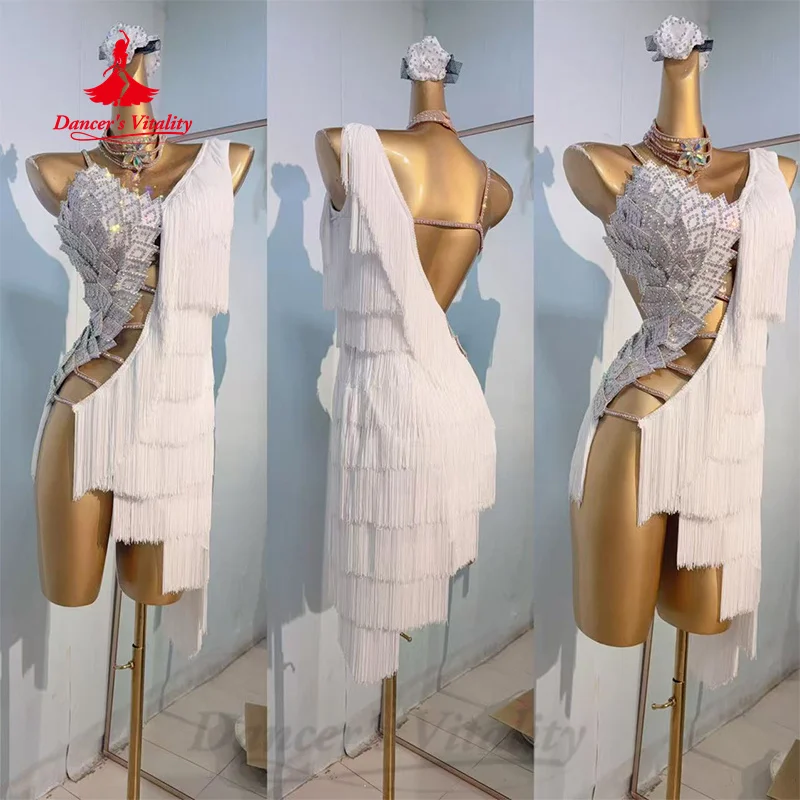 

Latin Dance Competition Outfit Customized Senior AB Stones Tassel Dress Adult and Children Professional Performance Costumes