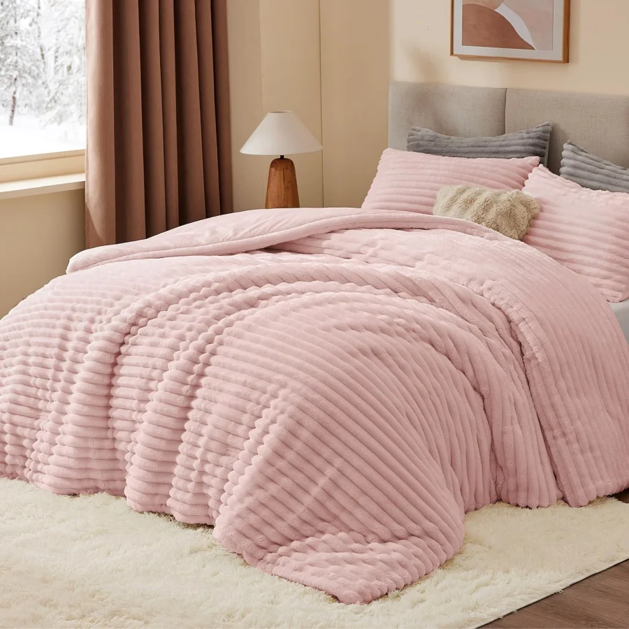 

Флисовый комплект постельного белья Queen Size: супермягкий и теплый, пушистый, розовый, роскошный, тяжелый, для зимы, с 2 наволочками.