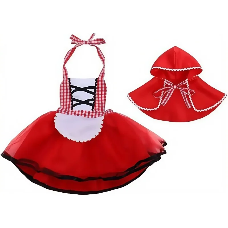 Kinder-Märchenbuch-Kostüm für Mädchen, Rollenspiel-Partykostüm, Kapuzenumhang, Rot Karierter Rock mit Schnürung, Halloween-Feiertagsoutfit – Detail 12